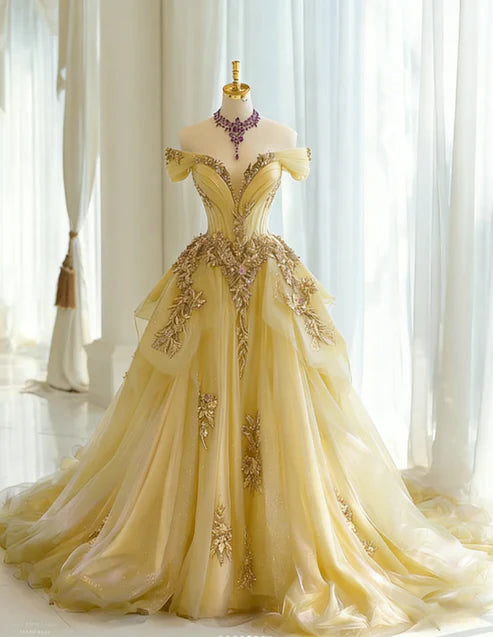 Stunning Dark Purple Off The Shoulder V-Neck Heavy Craft Gold Floral Applique Ballgown Prom Dress With Chapel Train AD1052