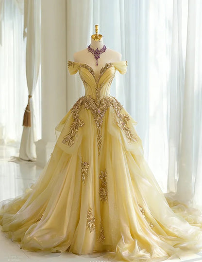Stunning Dark Purple Off The Shoulder V-Neck Heavy Craft Gold Floral Applique Ballgown Prom Dress With Chapel Train AD1052