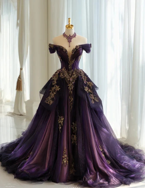 Stunning Dark Purple Off The Shoulder V-Neck Heavy Craft Gold Floral Applique Ballgown Prom Dress With Chapel Train AD1052