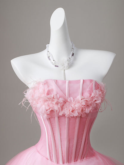 Chic Pink Strapless Corset Bodice Floral Applique Ruffle Tulle A Line Ballgown Long Prom Dress AD1053