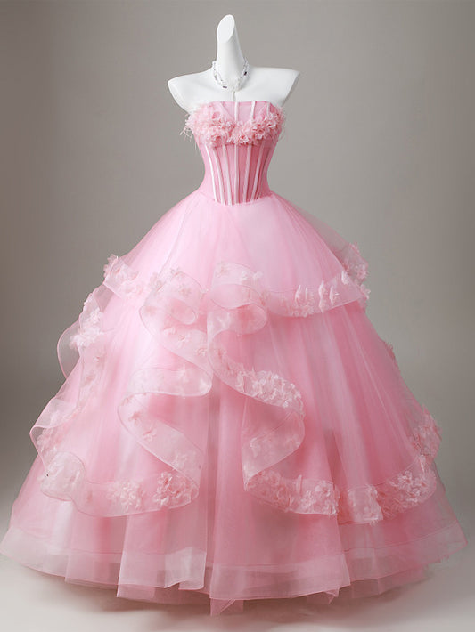 Chic Pink Strapless Corset Bodice Floral Applique Ruffle Tulle A Line Ballgown Long Prom Dress AD1053