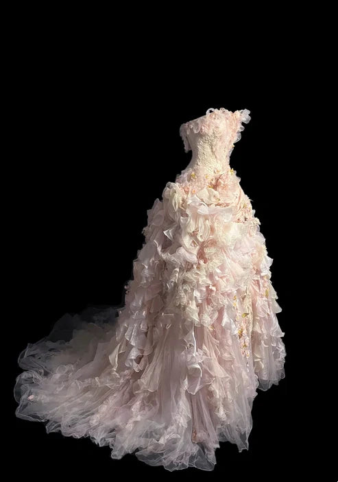 Elegant Blush Strapless Corset Bodice Heavy Craft 3D Floral Applique Multi-Layer Ruffle Ball Gown Prom Dress With Chapel Train AD1054