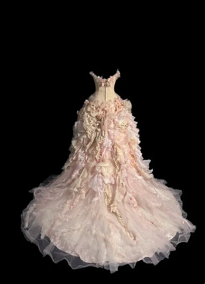 Elegant Blush Strapless Corset Bodice Heavy Craft 3D Floral Applique Multi-Layer Ruffle Ball Gown Prom Dress With Chapel Train AD1054