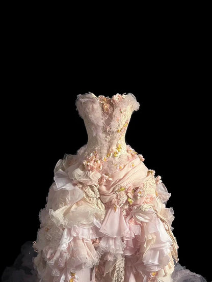 Elegant Blush Strapless Corset Bodice Heavy Craft 3D Floral Applique Multi-Layer Ruffle Ball Gown Prom Dress With Chapel Train AD1054