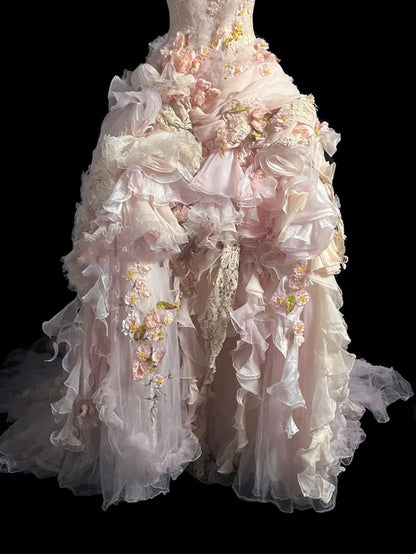 Elegant Blush Strapless Corset Bodice Heavy Craft 3D Floral Applique Multi-Layer Ruffle Ball Gown Prom Dress With Chapel Train AD1054