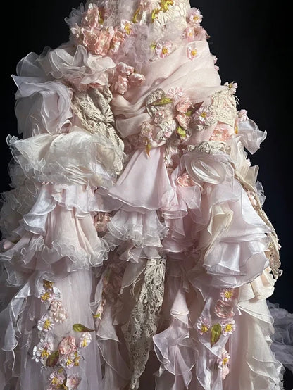 Elegant Blush Strapless Corset Bodice Heavy Craft 3D Floral Applique Multi-Layer Ruffle Ball Gown Prom Dress With Chapel Train AD1054