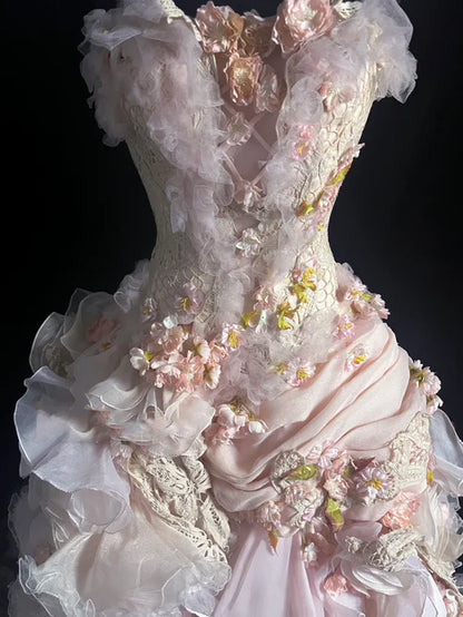 Elegant Blush Strapless Corset Bodice Heavy Craft 3D Floral Applique Multi-Layer Ruffle Ball Gown Prom Dress With Chapel Train AD1054