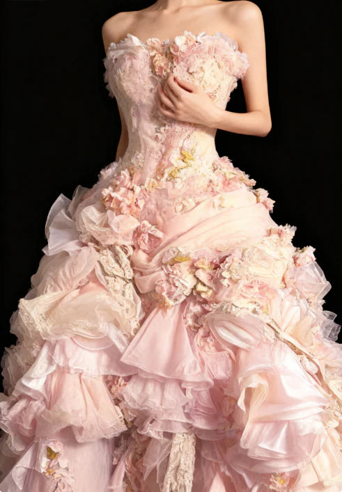 Elegant Blush Strapless Corset Bodice Heavy Craft 3D Floral Applique Multi-Layer Ruffle Ball Gown Prom Dress With Chapel Train AD1054