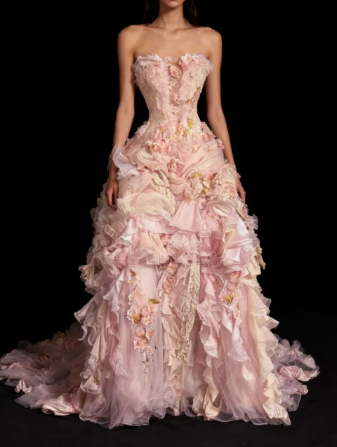 Elegant Blush Strapless Corset Bodice Heavy Craft 3D Floral Applique Multi-Layer Ruffle Ball Gown Prom Dress With Chapel Train AD1054