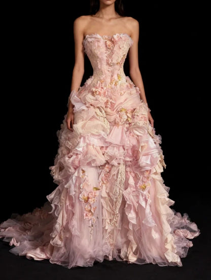 Elegant Blush Strapless Corset Bodice Heavy Craft 3D Floral Applique Multi-Layer Ruffle Ball Gown Prom Dress With Chapel Train AD1054