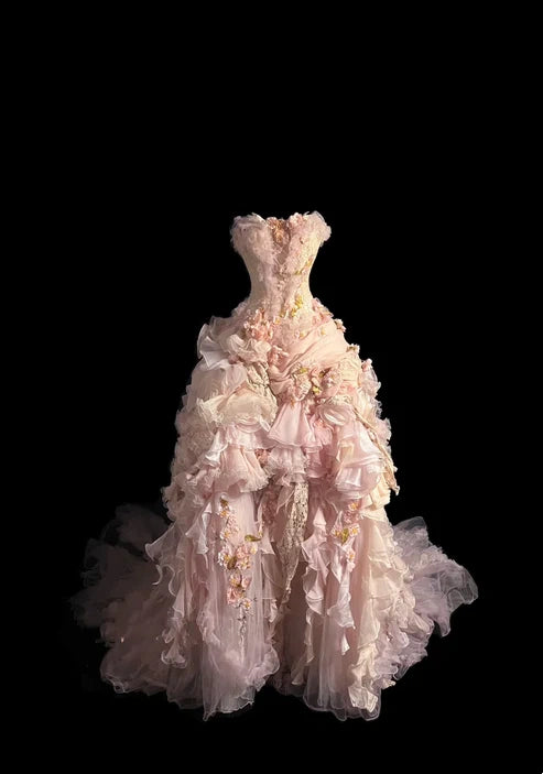 Elegant Blush Strapless Corset Bodice Heavy Craft 3D Floral Applique Multi-Layer Ruffle Ball Gown Prom Dress With Chapel Train AD1054