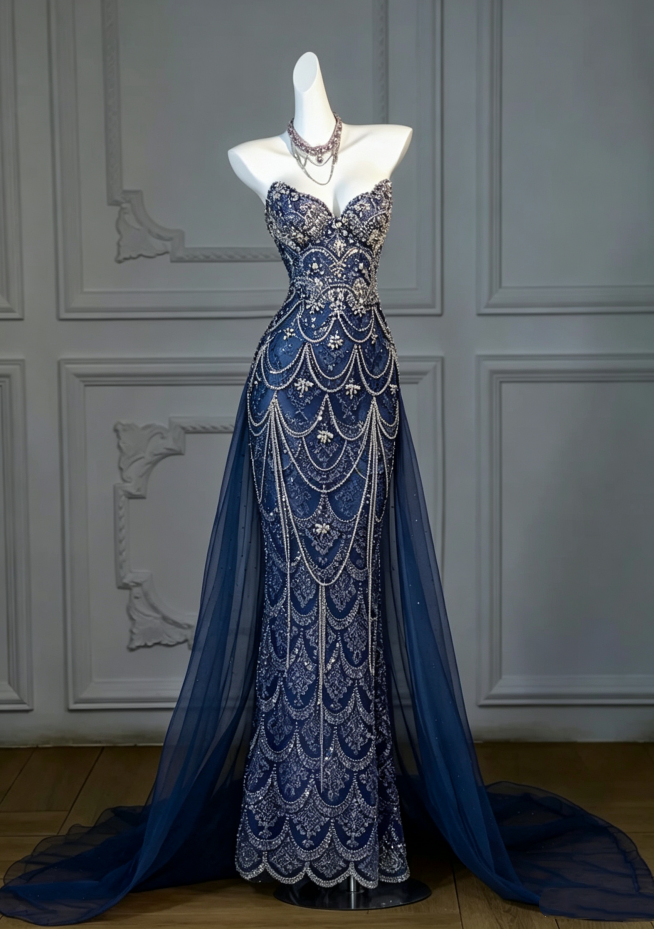 Stunning Lavender Strapless Heavy Rhinestone Beaded Mermaid Long Prom Dress With Tulle Chapel Train AD1055
