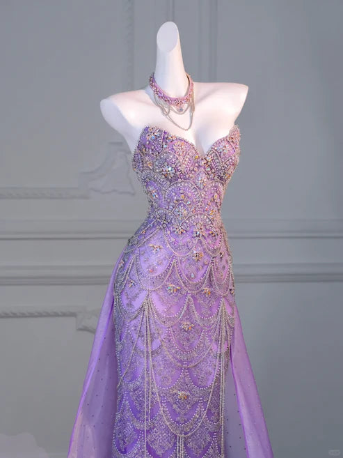 Stunning Lavender Strapless Heavy Rhinestone Beaded Mermaid Long Prom Dress With Tulle Chapel Train AD1055