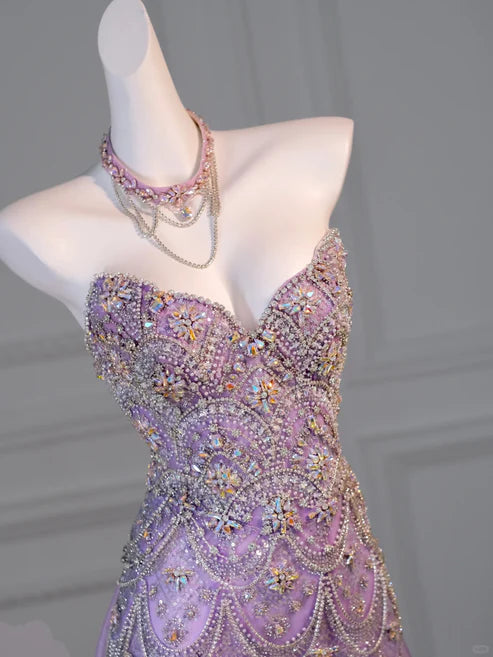 Stunning Lavender Strapless Heavy Rhinestone Beaded Mermaid Long Prom Dress With Tulle Chapel Train AD1055