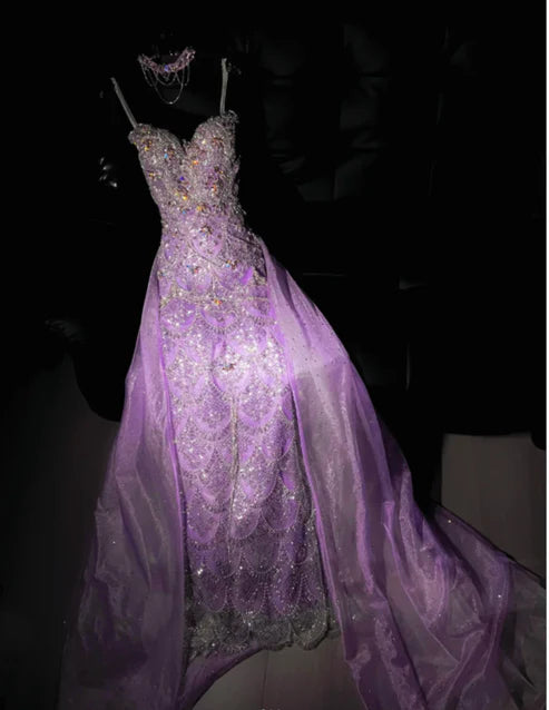 Stunning Lavender Strapless Heavy Rhinestone Beaded Mermaid Long Prom Dress With Tulle Chapel Train AD1055