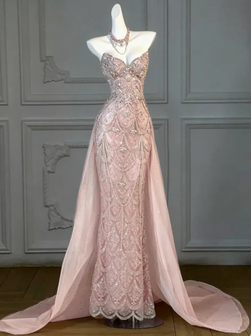 Stunning Lavender Strapless Heavy Rhinestone Beaded Mermaid Long Prom Dress With Tulle Chapel Train AD1055