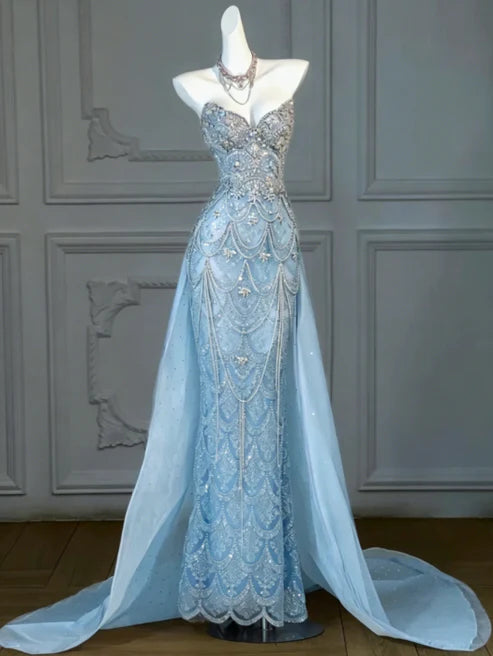 Stunning Lavender Strapless Heavy Rhinestone Beaded Mermaid Long Prom Dress With Tulle Chapel Train AD1055
