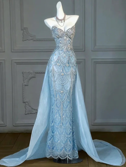 Stunning Lavender Strapless Heavy Rhinestone Beaded Mermaid Long Prom Dress With Tulle Chapel Train AD1055