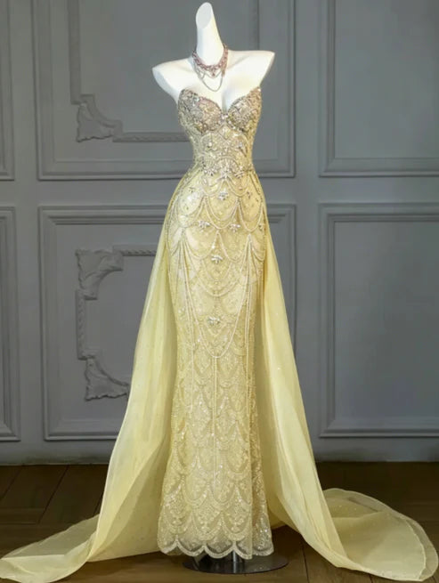 Stunning Lavender Strapless Heavy Rhinestone Beaded Mermaid Long Prom Dress With Tulle Chapel Train AD1055