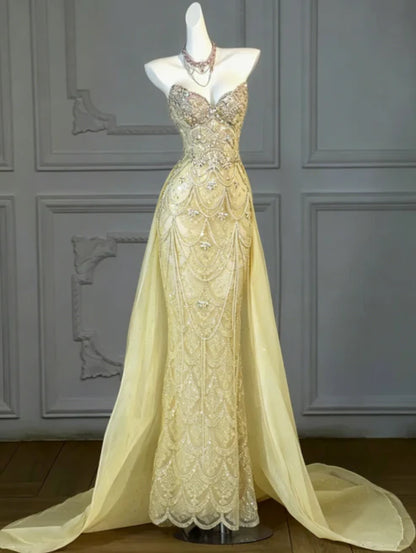 Stunning Lavender Strapless Heavy Rhinestone Beaded Mermaid Long Prom Dress With Tulle Chapel Train AD1055