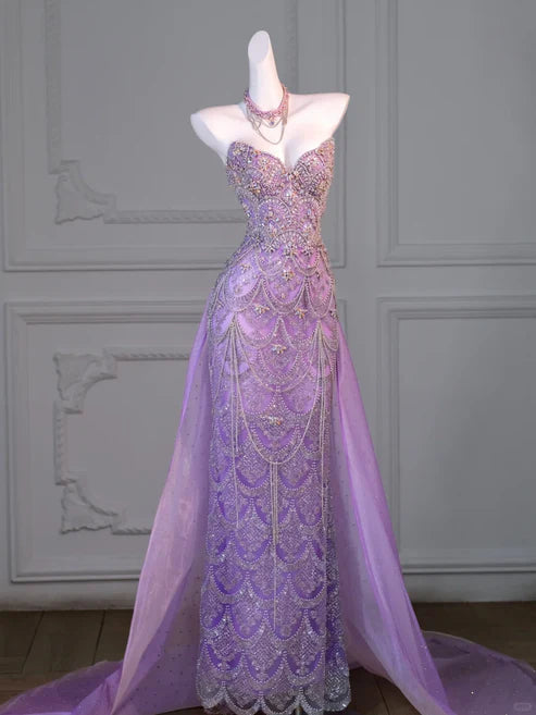 Stunning Lavender Strapless Heavy Rhinestone Beaded Mermaid Long Prom Dress With Tulle Chapel Train AD1055