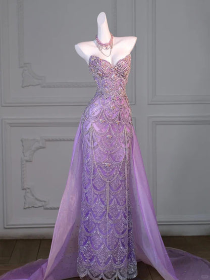 Stunning Lavender Strapless Heavy Rhinestone Beaded Mermaid Long Prom Dress With Tulle Chapel Train AD1055