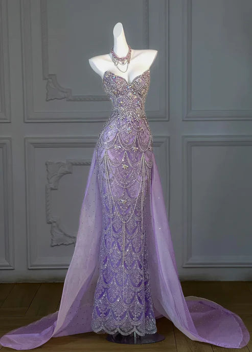 Stunning Lavender Strapless Heavy Rhinestone Beaded Mermaid Long Prom Dress With Tulle Chapel Train AD1055