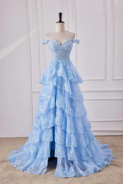Chic Light Blue Off The Shoulder Corset Sequins Tiered Ruffle High Slit Tulle A Line Long Prom Dress AD1056