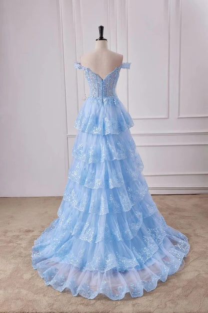 Chic Light Blue Off The Shoulder Corset Sequins Tiered Ruffle High Slit Tulle A Line Long Prom Dress AD1056