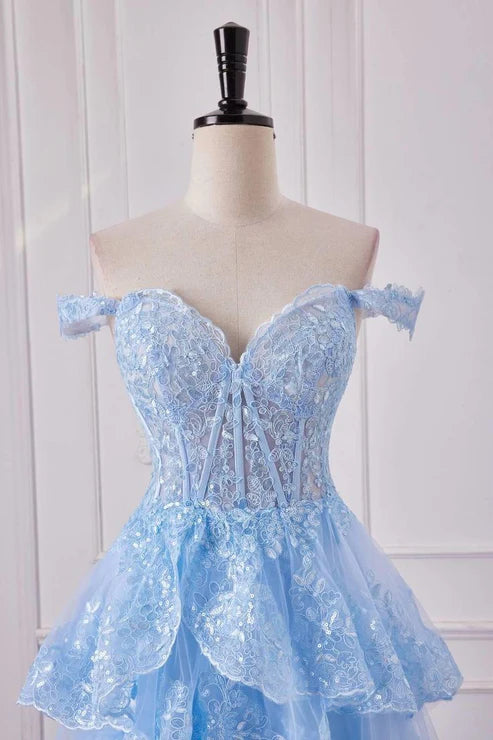 Chic Light Blue Off The Shoulder Corset Sequins Tiered Ruffle High Slit Tulle A Line Long Prom Dress AD1056