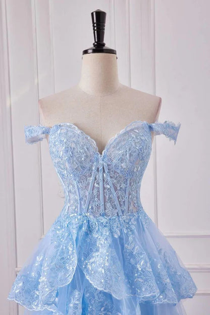 Chic Light Blue Off The Shoulder Corset Sequins Tiered Ruffle High Slit Tulle A Line Long Prom Dress AD1056