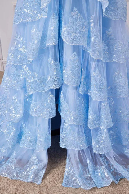 Chic Light Blue Off The Shoulder Corset Sequins Tiered Ruffle High Slit Tulle A Line Long Prom Dress AD1056