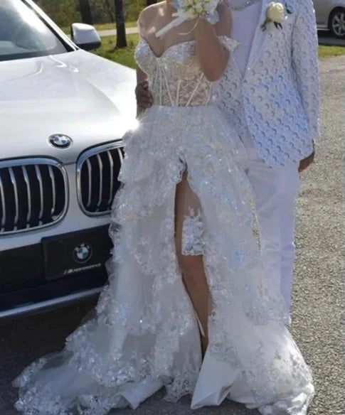 Chic Light Blue Off The Shoulder Corset Sequins Tiered Ruffle High Slit Tulle A Line Long Prom Dress AD1056