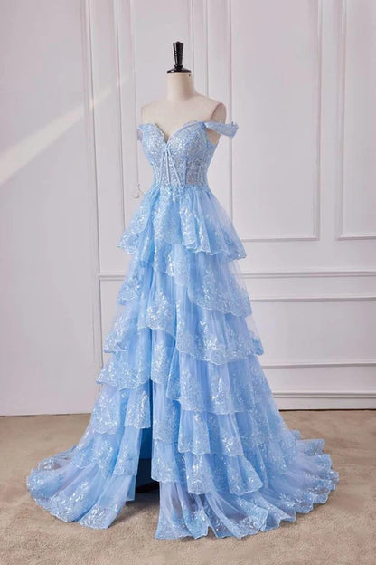 Chic Light Blue Off The Shoulder Corset Sequins Tiered Ruffle High Slit Tulle A Line Long Prom Dress AD1056