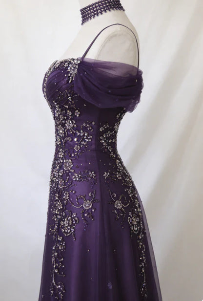 Elegant Purple Off The Shoulder Beaded Tulle A-Line Long Prom Dress AD1057