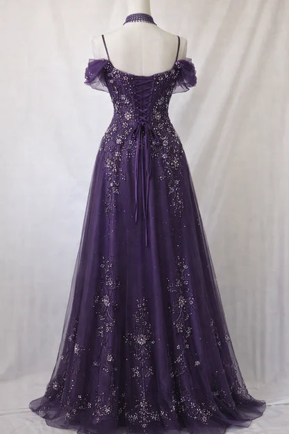 Elegant Purple Off The Shoulder Beaded Tulle A-Line Long Prom Dress AD1057