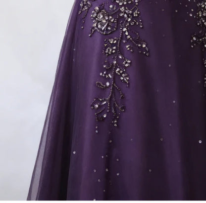 Elegant Purple Off The Shoulder Beaded Tulle A-Line Long Prom Dress AD1057
