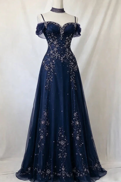 Elegant Purple Off The Shoulder Beaded Tulle A-Line Long Prom Dress AD1057