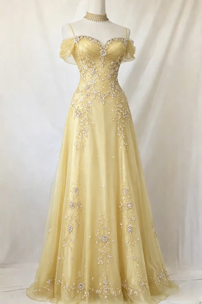 Elegant Purple Off The Shoulder Beaded Tulle A-Line Long Prom Dress AD1057
