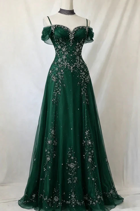Elegant Purple Off The Shoulder Beaded Tulle A-Line Long Prom Dress AD1057