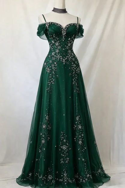 Elegant Purple Off The Shoulder Beaded Tulle A-Line Long Prom Dress AD1057