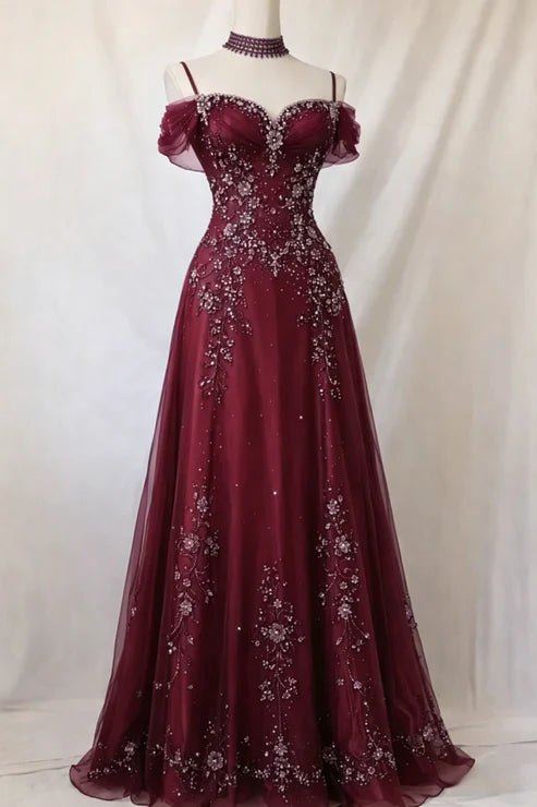 Elegant Purple Off The Shoulder Beaded Tulle A-Line Long Prom Dress AD1057
