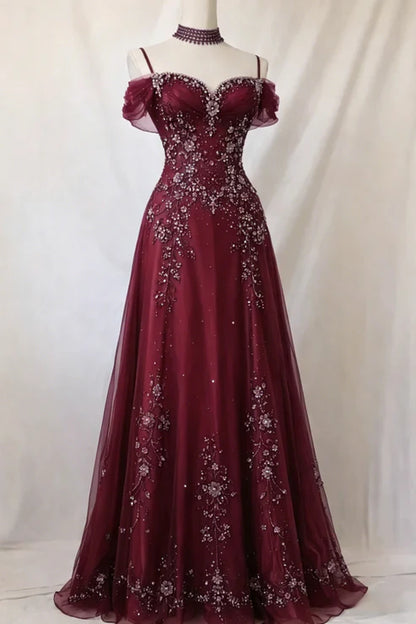 Elegant Purple Off The Shoulder Beaded Tulle A-Line Long Prom Dress AD1057
