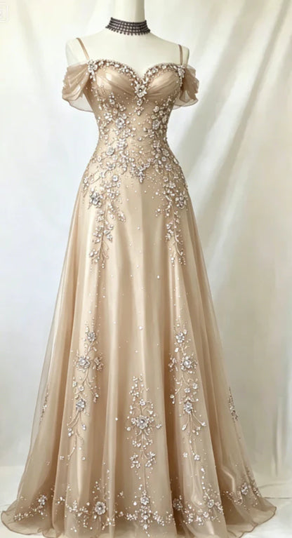Elegant Purple Off The Shoulder Beaded Tulle A-Line Long Prom Dress AD1057