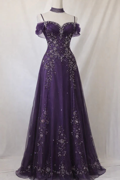 Elegant Purple Off The Shoulder Beaded Tulle A-Line Long Prom Dress AD1057