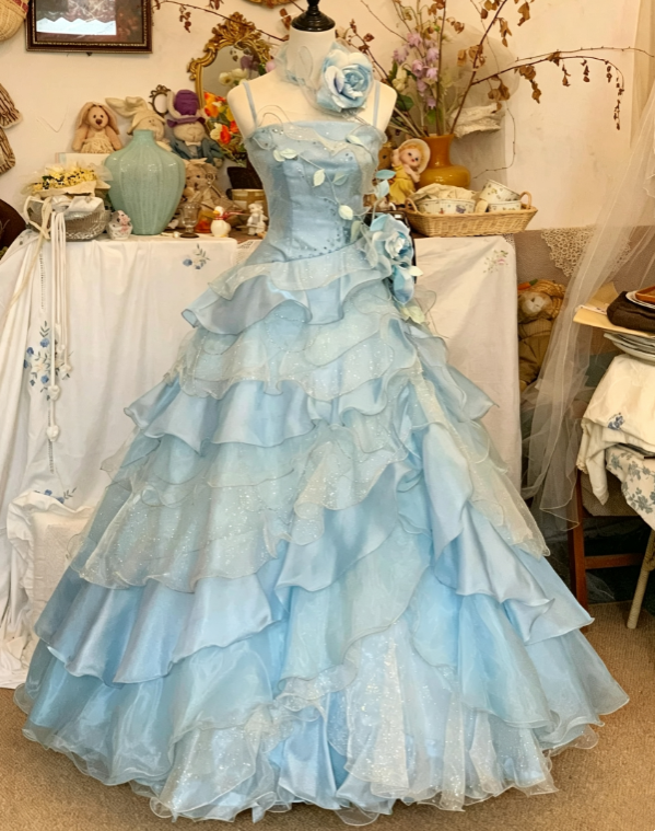 Gorgeous Light Blue Spaghetti Strap 3D Flower Appliques Multi-Layer Glitter Ruffle A Line Long Pom Dress AD1058