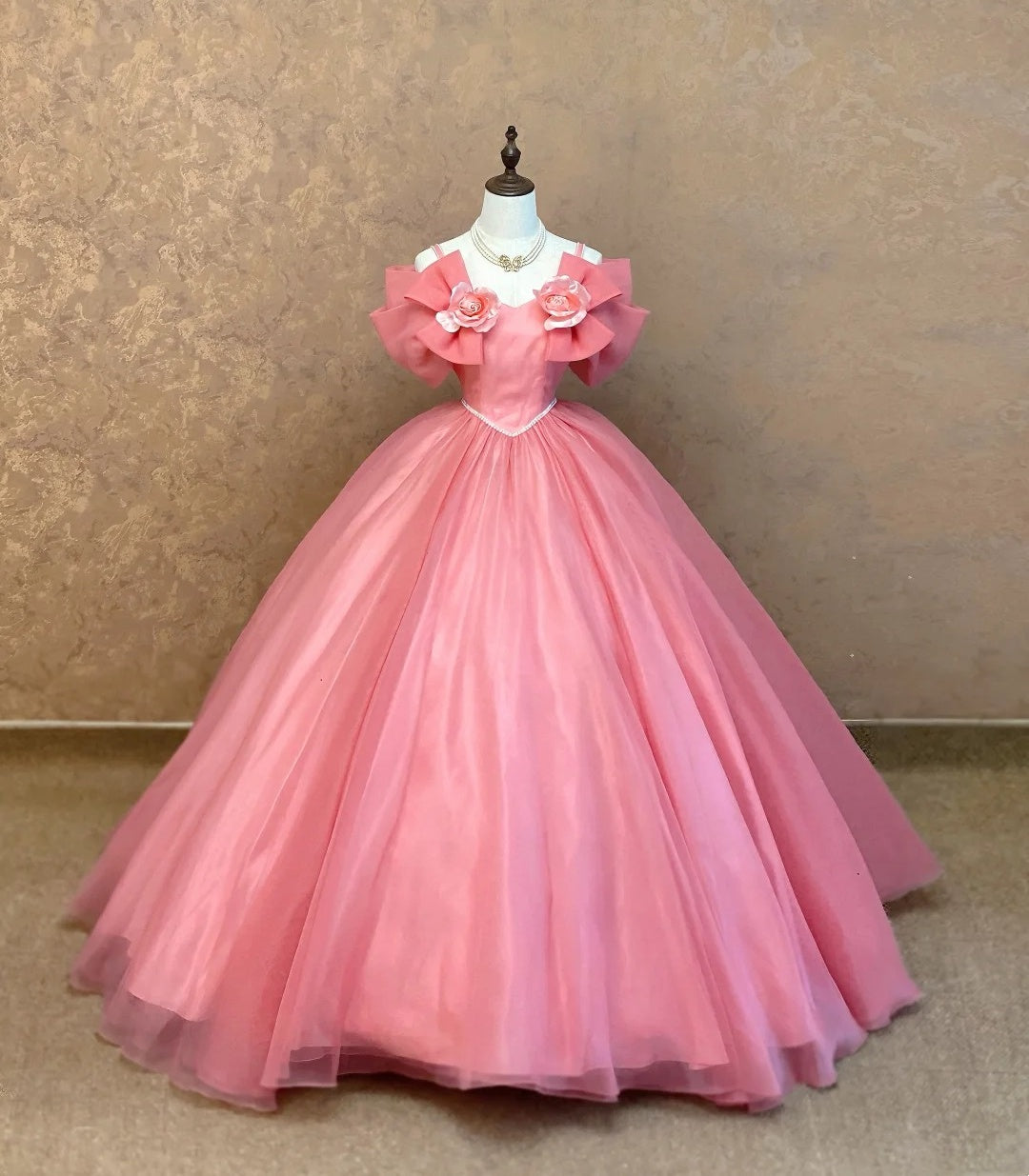 Elegant Pink Spaghetti Strap Off Shoulder 3D Floral Bow Voluminous Tulle Ballgown Long Prom Dress AD1059