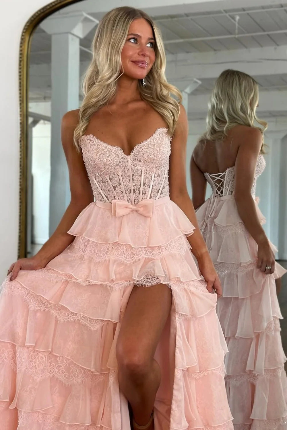 Blush Pink A-Line Lace Corset Prom Dress With Tiered Ruffle Skirt & Slit AD106