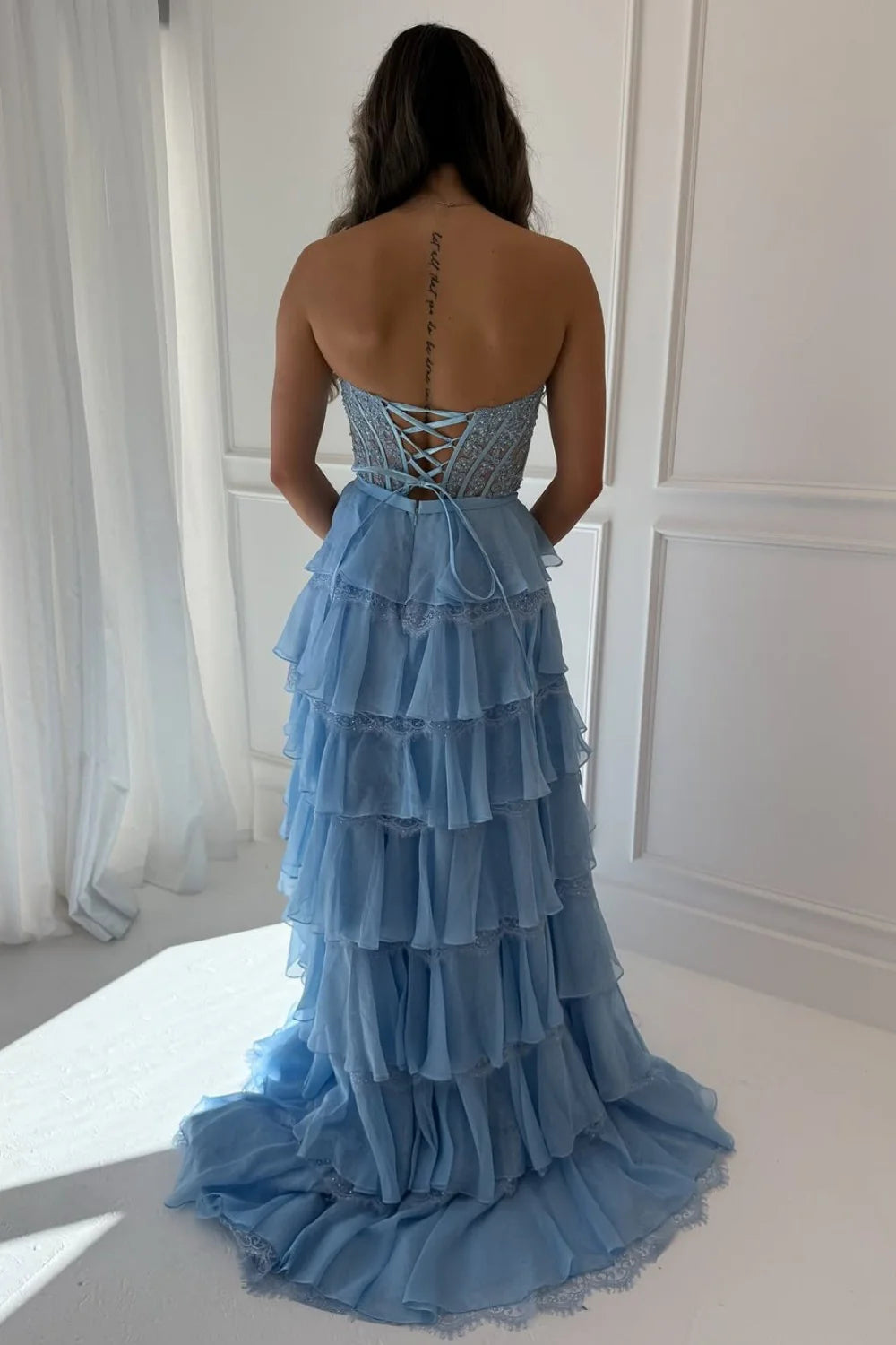 Blush Pink A-Line Lace Corset Prom Dress With Tiered Ruffle Skirt & Slit AD106