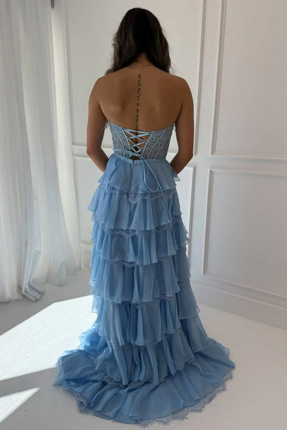 Blush Pink A-Line Lace Corset Prom Dress With Tiered Ruffle Skirt & Slit AD106
